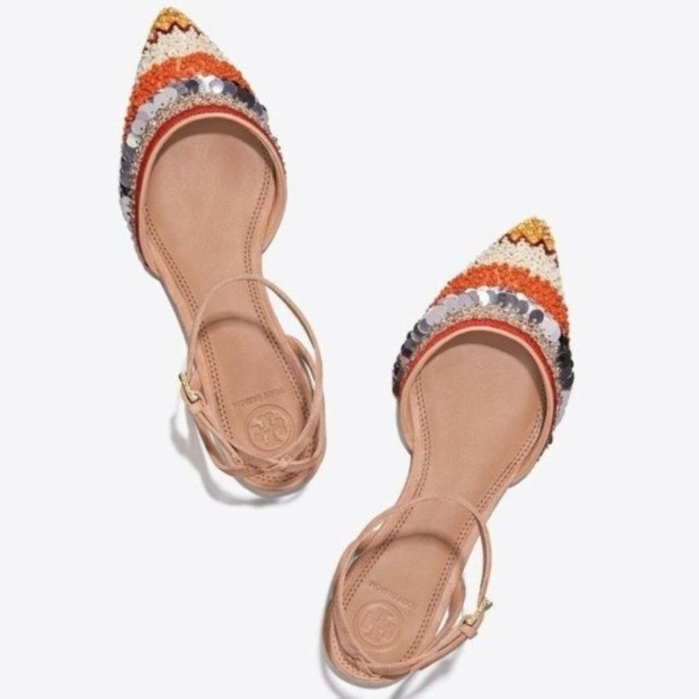 Tory Burch Women's Sz 8.5 M Isle Embellished Ankle Strap Pointed Orange Flats